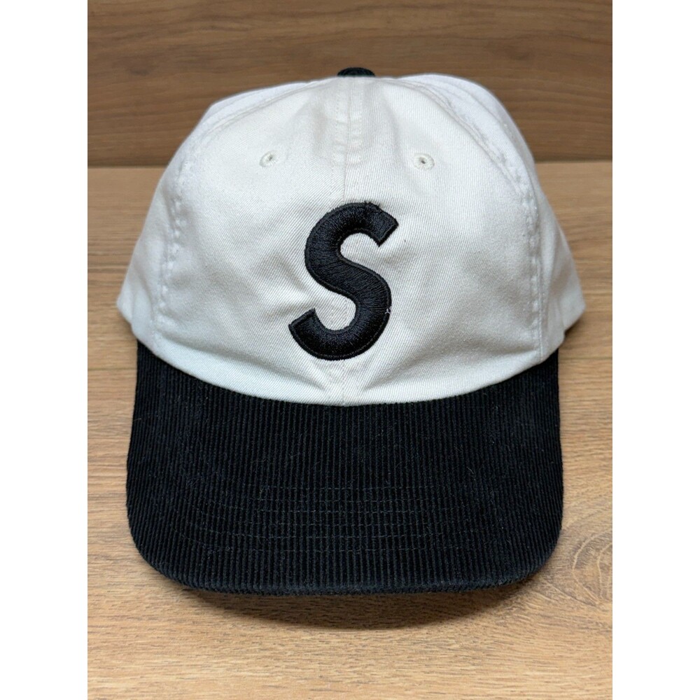 Supreme S Logo 6-Panel Two Tone White Hat w/ Black Corduroy Brim *READ*